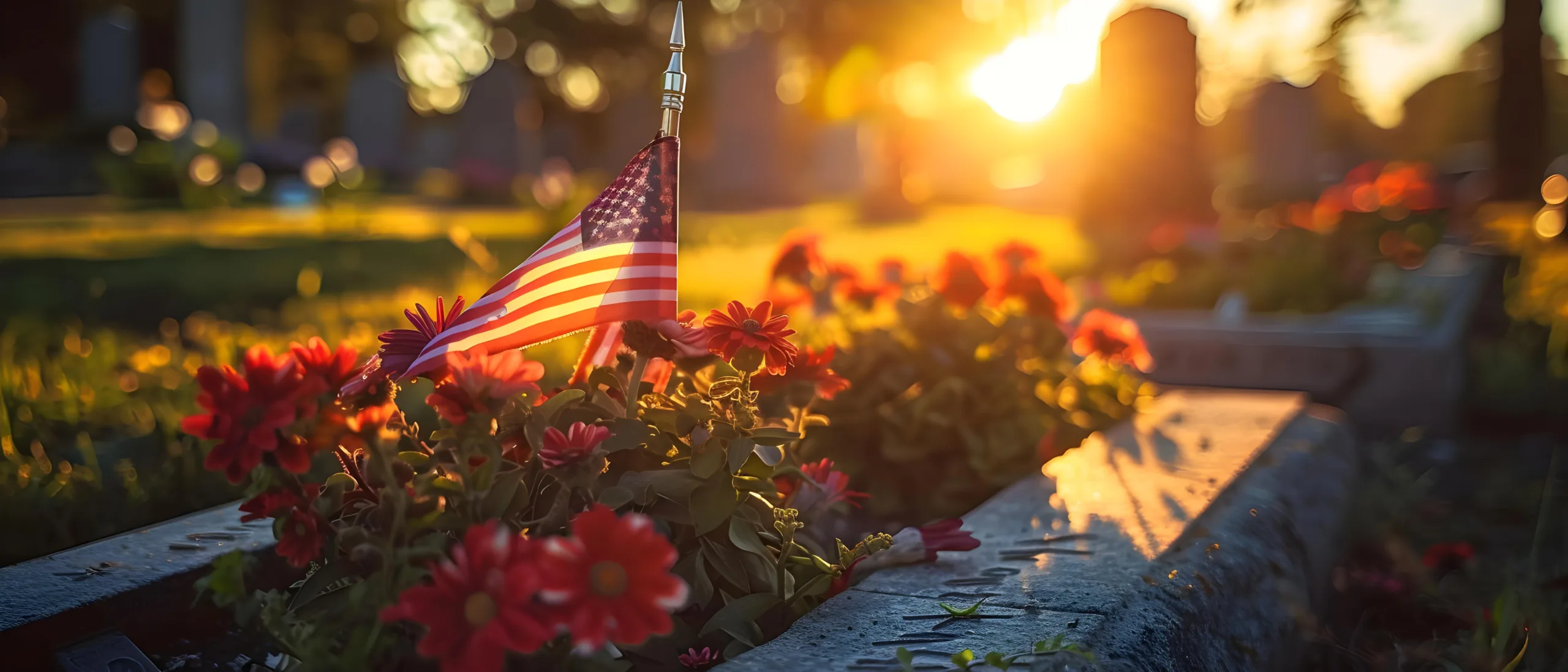 A small American flag surrounded by red flowers on a grave, illuminated by the warm, golden light of the setting sun in a cemetery, creating a peaceful and reflective atmosphere.